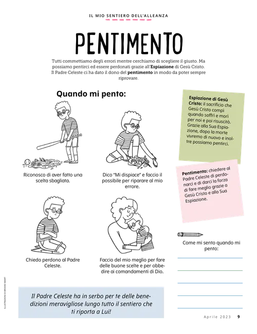 PDF della pagina raffigurante un bambino che mette in pratica i passi del pentimento dopo aver rotto un vaso; in più, un’attività di scrittura