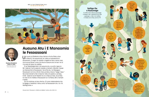 Itulau PDF ma se atatusi o se alii o loo aoaoina tamaiti i lalo o laau i Aferika i Sasae; faaopoopo i ai ma se taaloga saili meaai