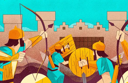 soldiers pointing arrows at wall