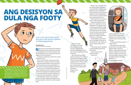 Pahina nga PDF nga adunay mga paghulagway sa usa ka batang lalaki nga nangawot sa iyang ulo, nagdula og footy, nag-ampo sulod sa sakyanan, ug naglakaw padulong sa simbahan kauban sa iyang pamilya