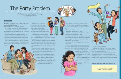 Page PDF with illustrations of a girl with her friends, sitting with her parents, praying, and celebrating with her parents