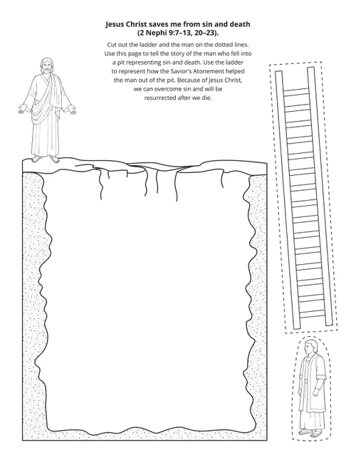 A line-art drawing of a ladder, a pit, and a man.