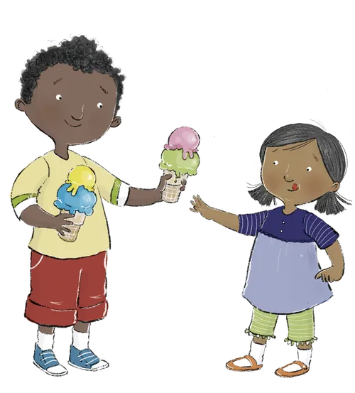 Boy sharing ice cream cone with a little girl