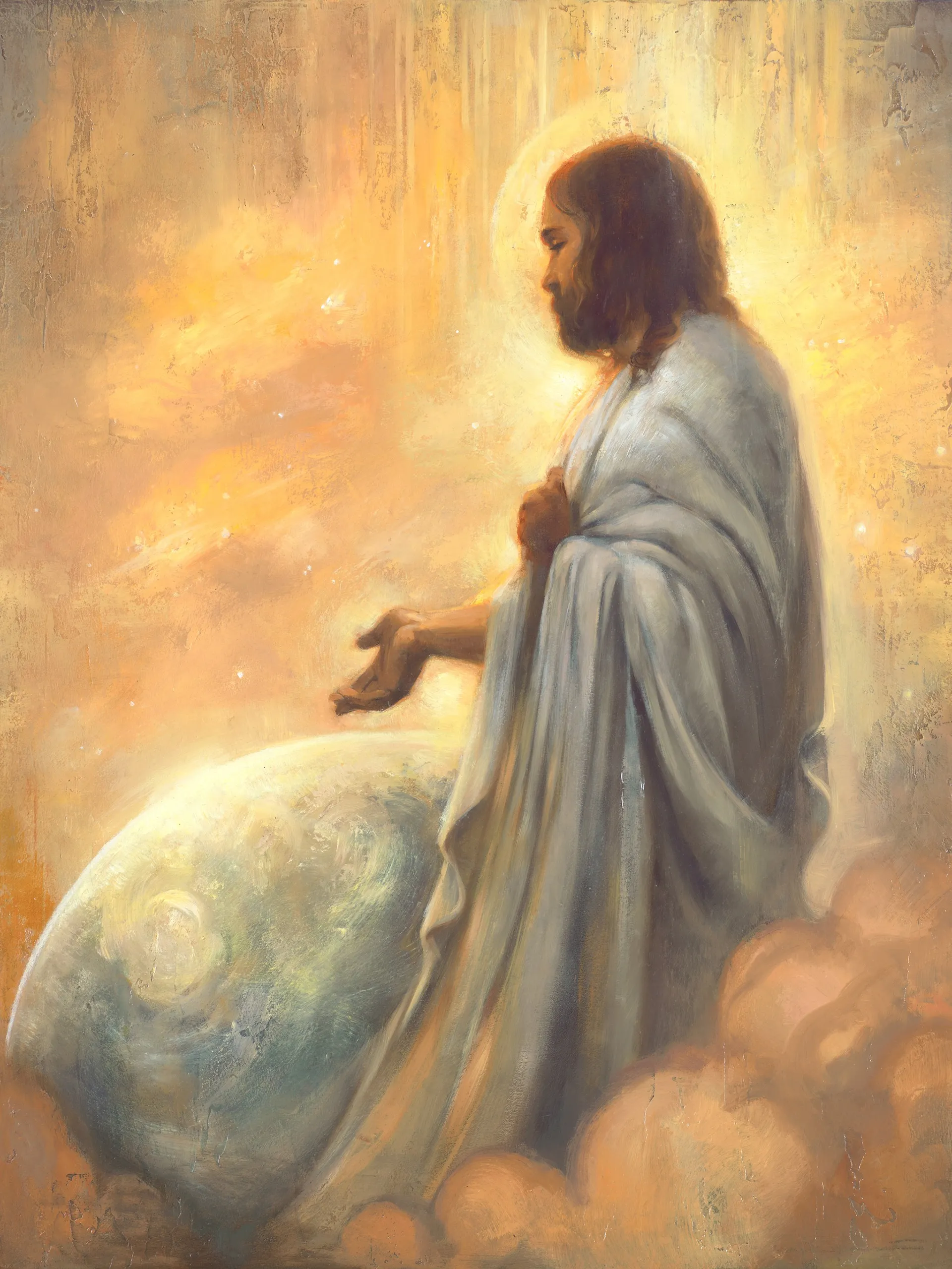 Jehovah stands in the clouds with His hand over the world that He is organizing.