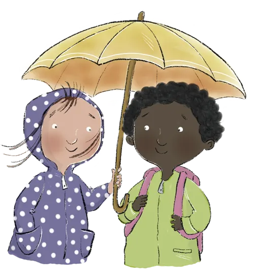 Two children sharing an umbrella