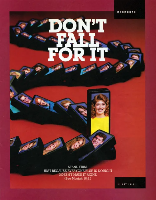 A photograph of a row of fallen dominoes with one standing, paired with the words “Don't Fall for It.”