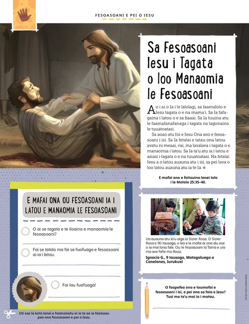 Itulau PDF faatasi ai ma le ata o Iesu Keriso o loo faamaloloina se tagata, faaopoopo i ai ma se gaoioiga e tusi ai i lalo se tasi e fesoasoani i ai