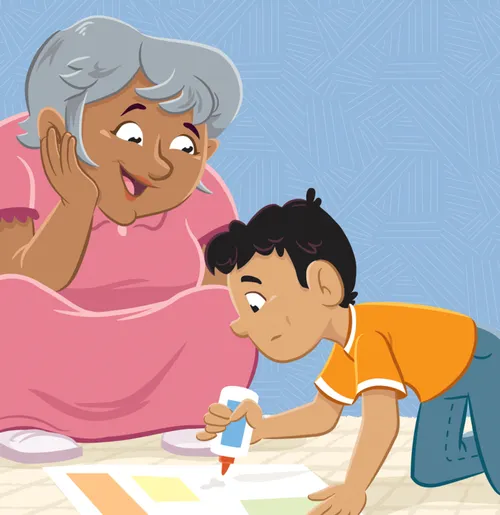 Paolo putting glue on a poster next to Grandma