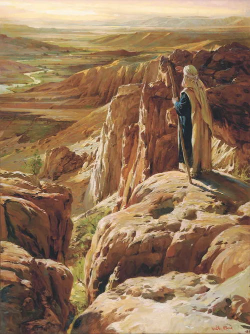 One oil painting depicting Moses late in his life with a white beard, holding a staff, and shielding his eyes, as he stands on a peet on Mr. Nebo looking at the promised land provided for the children of Israel.  Signed on the lowere right corner.  Signed and dated on the back along with the title.