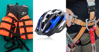 redningsvest, cykelhjelm, klatresele