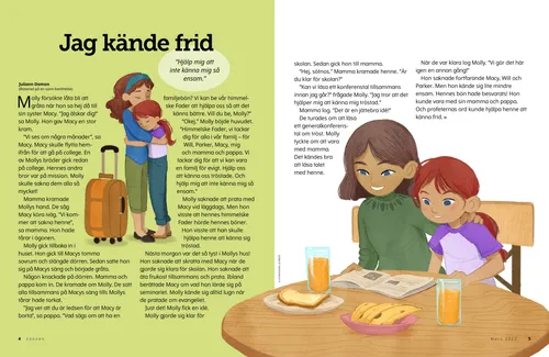 Pdf-sida med illustrationer av en flicka som kramar sin storasyster och en flicka som sitter med sin mamma vid frukosten och läser en tidning.