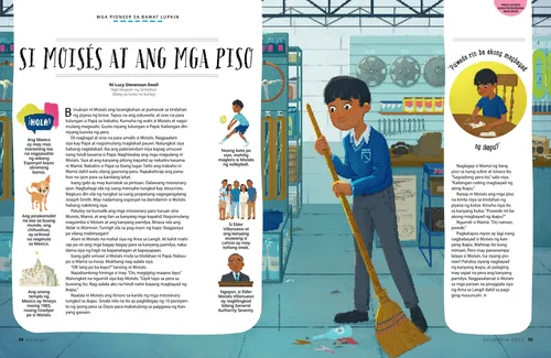 PDF na pahinang kukulayan tungkol sa batang lalaki na nagwawalis ng sahig ng isang tindahan at nagsusulat sa tithing slip