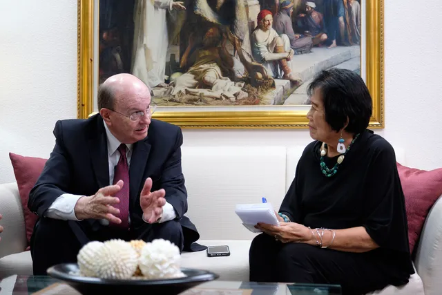 Elder Evan A. Schmutz, Philippines Area President, joins Elder Quentin L. Cook for an interview with Philippine Star columnist Domini Torrevillas on Monday, January 13, 2020.