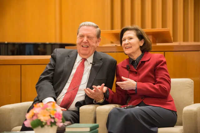 Jeffrey R. Holland visits with church members in Japan in February 2017.