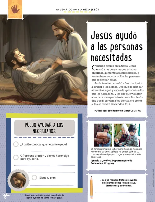 Página en PDF con una ilustración de Jesucristo sanando a un hombre, además de una actividad para escribir el nombre de alguien a quien ayudar