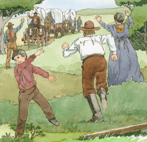 A group of excited Saints running towards a rescue crew of wagons, ariving at Council Bluffs. Chapter 60-14