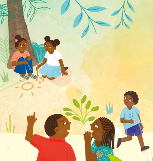 Two girls sitting under a tree with other children pointing at them