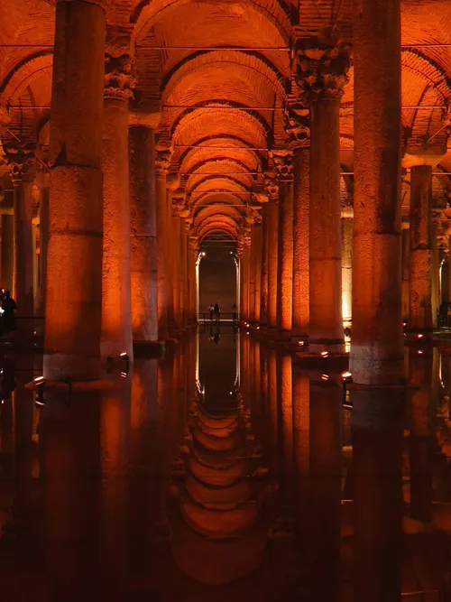 Red interior of the Basilica Cistern in Istanbul