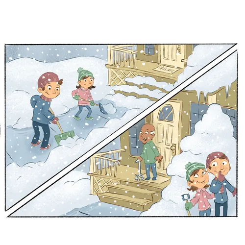 boy and girl shoveling snow from old man’s walk