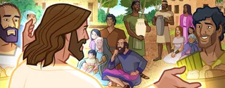 Jesus Christ talks to a large group of people, and His disciples bring bread and jars of wine to Him