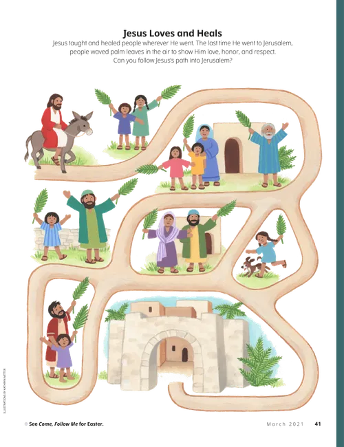 Page PDF with panel illustrations of a girl walking to church with her parents, seeing flowers and birds, looking at a picture of Jesus Christ, and sitting in church; plus a maze activity
