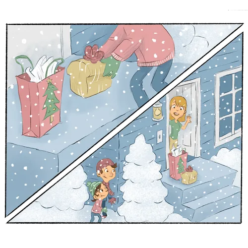 boy and girl leaving gifts on someone’s porch