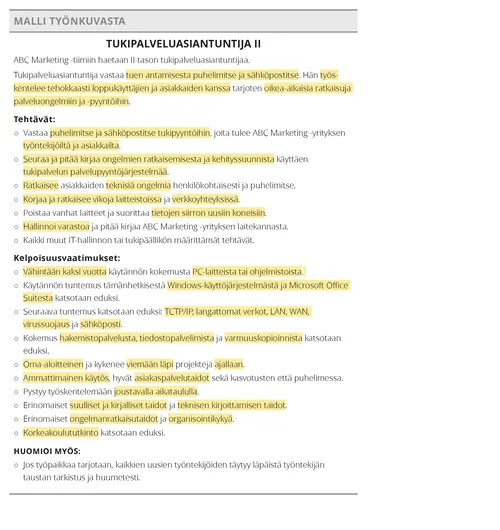 työnkuvaus korostuksin