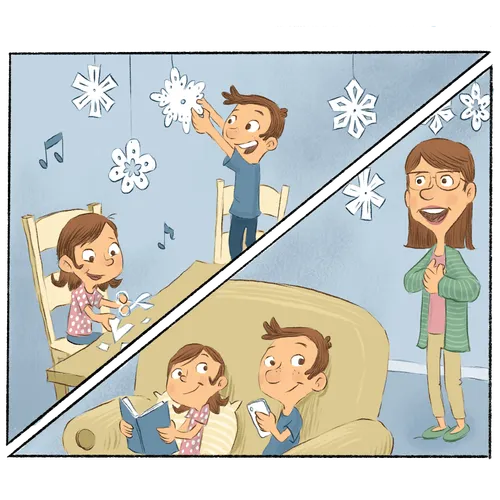 boy and girl hanging snowflake decorations