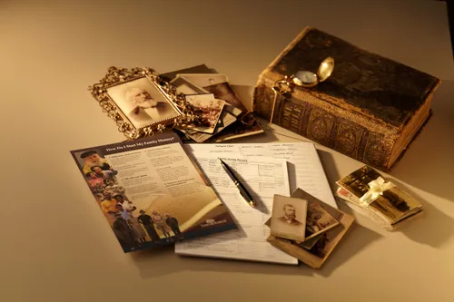 Old photographs, a family Bible and pedigree charts.