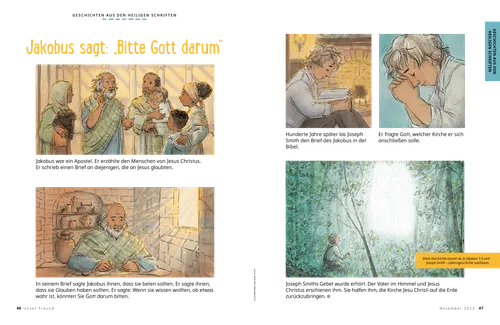 PDF mit Bildern von Jakobus, der Menschen unterweist, und vom betenden Joseph Smith