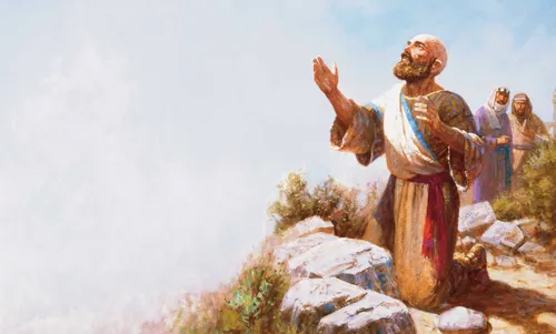 Job kneeling and looking up toward heaven