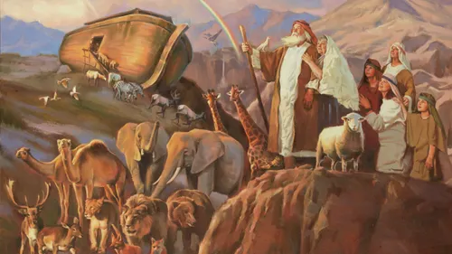 animals leaving the ark with Noah and his family standing on a rock