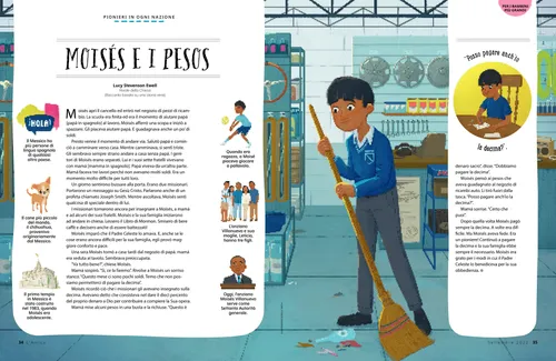 PDF della pagina con un ragazzo che spazza il pavimento di un negozio e scrive su un cedolino della decima