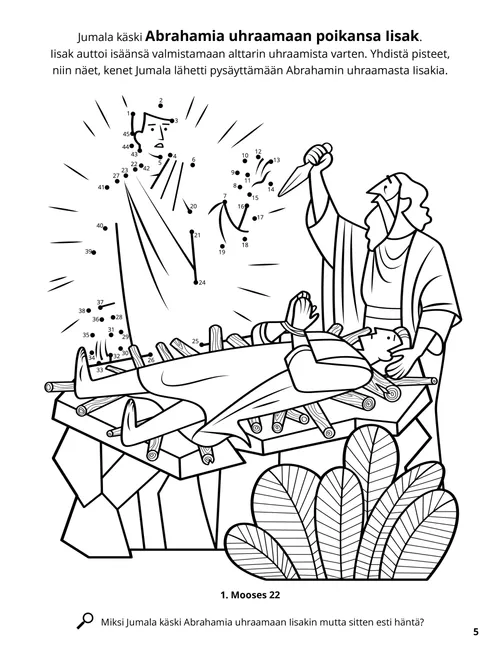 PDF-värityskuva, jossa Abraham on valmis uhraamaan Iisakin, sekä pisteestä pisteeseen -tehtävä