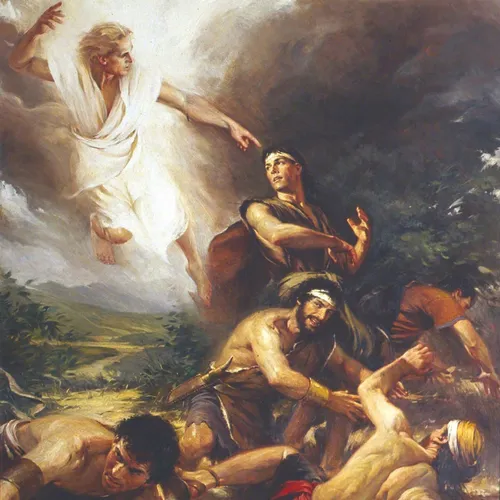 Alma and the sons of Mosiah being visited by an angel