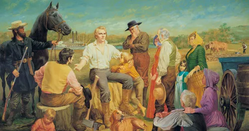 Painting depicts Joseph Smith teaching a group of men, women and children in Nauvoo.