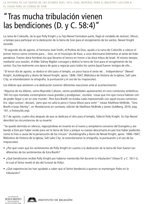 Volante: “Tras mucha tribulación vienen las bendiciones (D. y C. 58:4)”