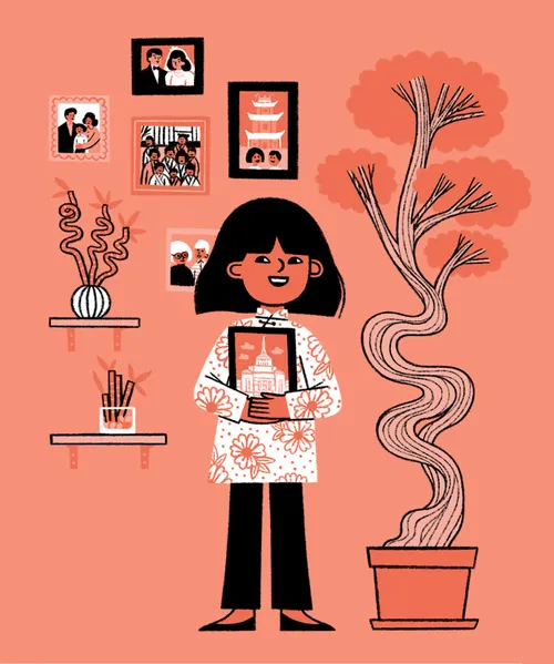 Girl with family pictures