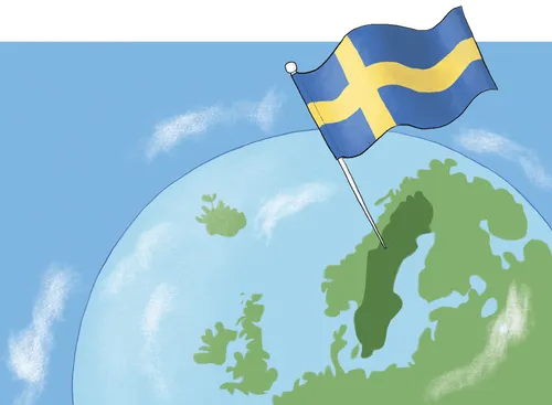 An illustration with the flag of Sweden rising up out of a darkened area of the map which is the country of Sweden.