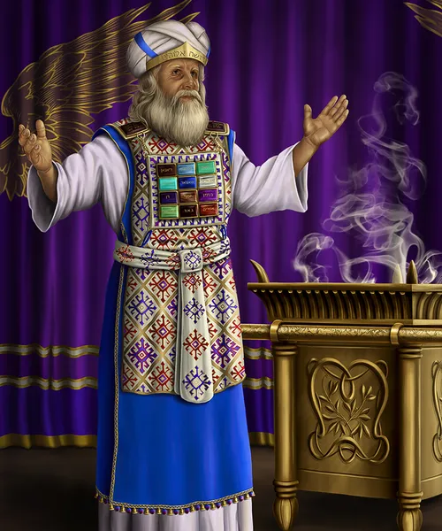an ancient high priest standing in front of the veil of the temple and burning incense at a golden altar