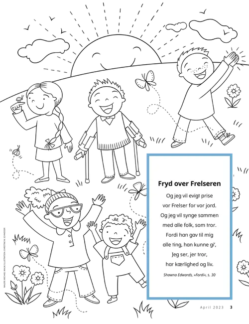 PDF-malebogsside med glade børn på en bjergskråning