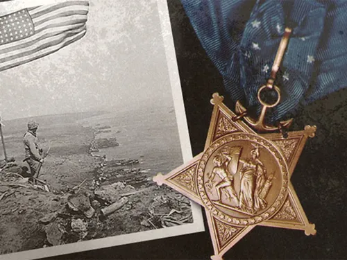 A black and white war photo and a medal.