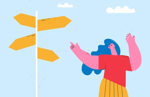 an illustration of a woman looking at different signs and making a decision