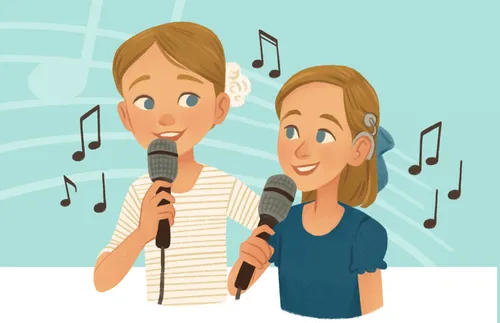 girl with cochlear implant singing with sister