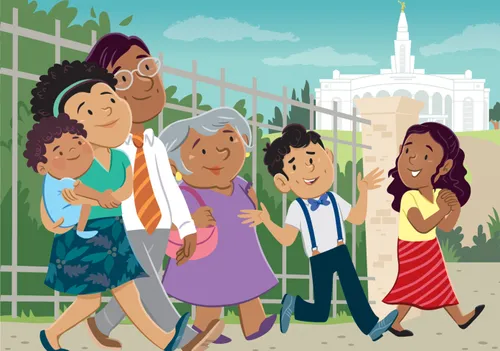 A family outside a temple in Brazil