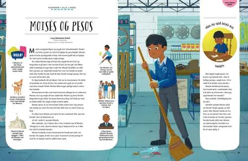 PDF-side med en dreng, der fejer gulvet i en butik og skriver på en tiendeseddel