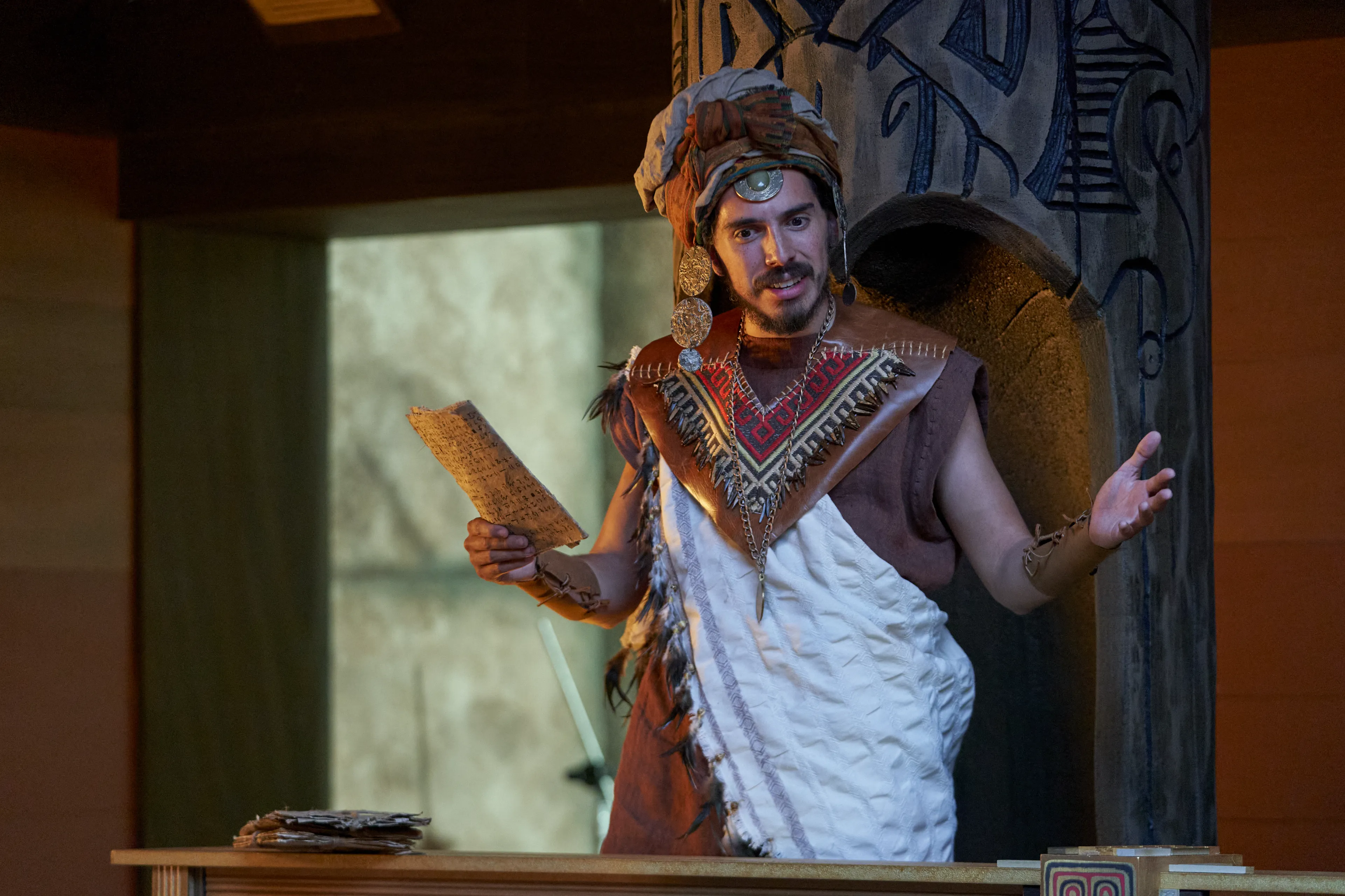 Priests question Abinadi in King Noah's court.