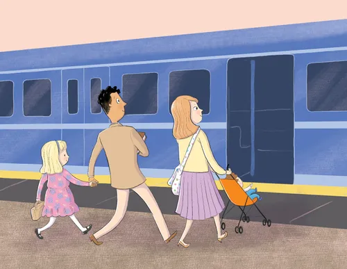 A family boarding a train in Sweden.