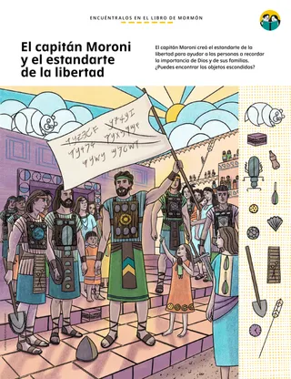 Escena ilustrada de Moroni sosteniendo el estandarte de la libertad, rodeado de personas