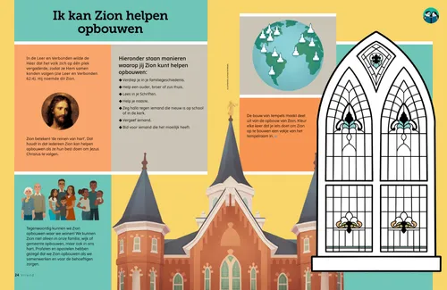 Pdf met illustraties van Jezus Christus, een tempel, families, tempels op een wereldbol, en een glas-in-lood kleuractiviteit